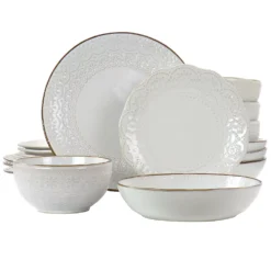 Elama Countess 16 Piece Embossed Double Bowl Stoneware Dinnerware Set In Ivory