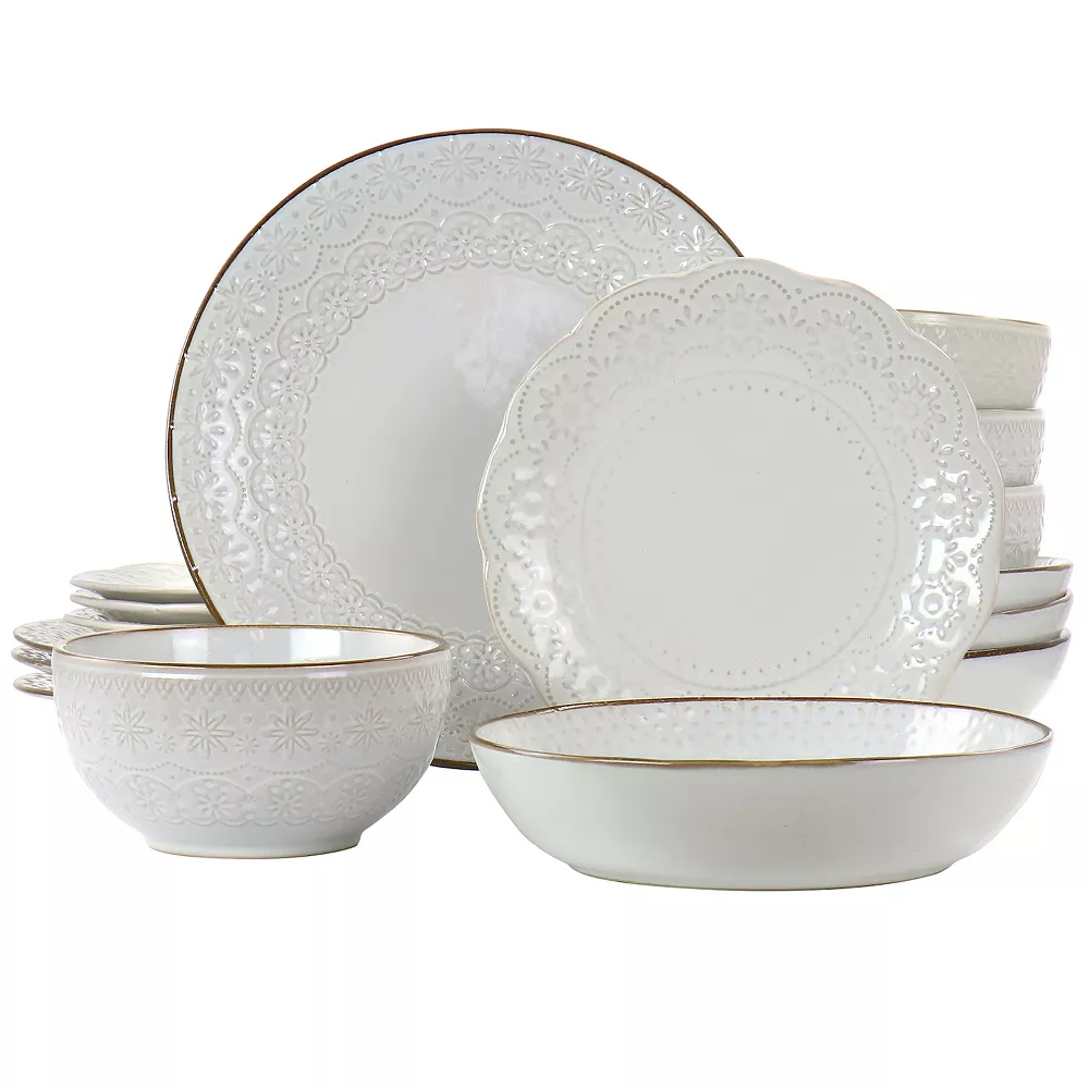 Elama Countess 16 Piece Embossed Double Bowl Stoneware Dinnerware Set In Ivory