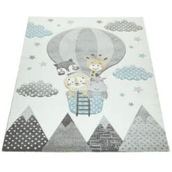 Nursery Rug For Kids Cute Animals On A Hot Air Balloon In Cream Blue