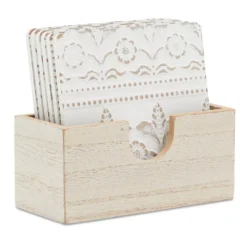 Wood Drink Coasters With Holder For Tabletop Protection In Rustic Farmhouse White Floral Print, Set Of 6 Square